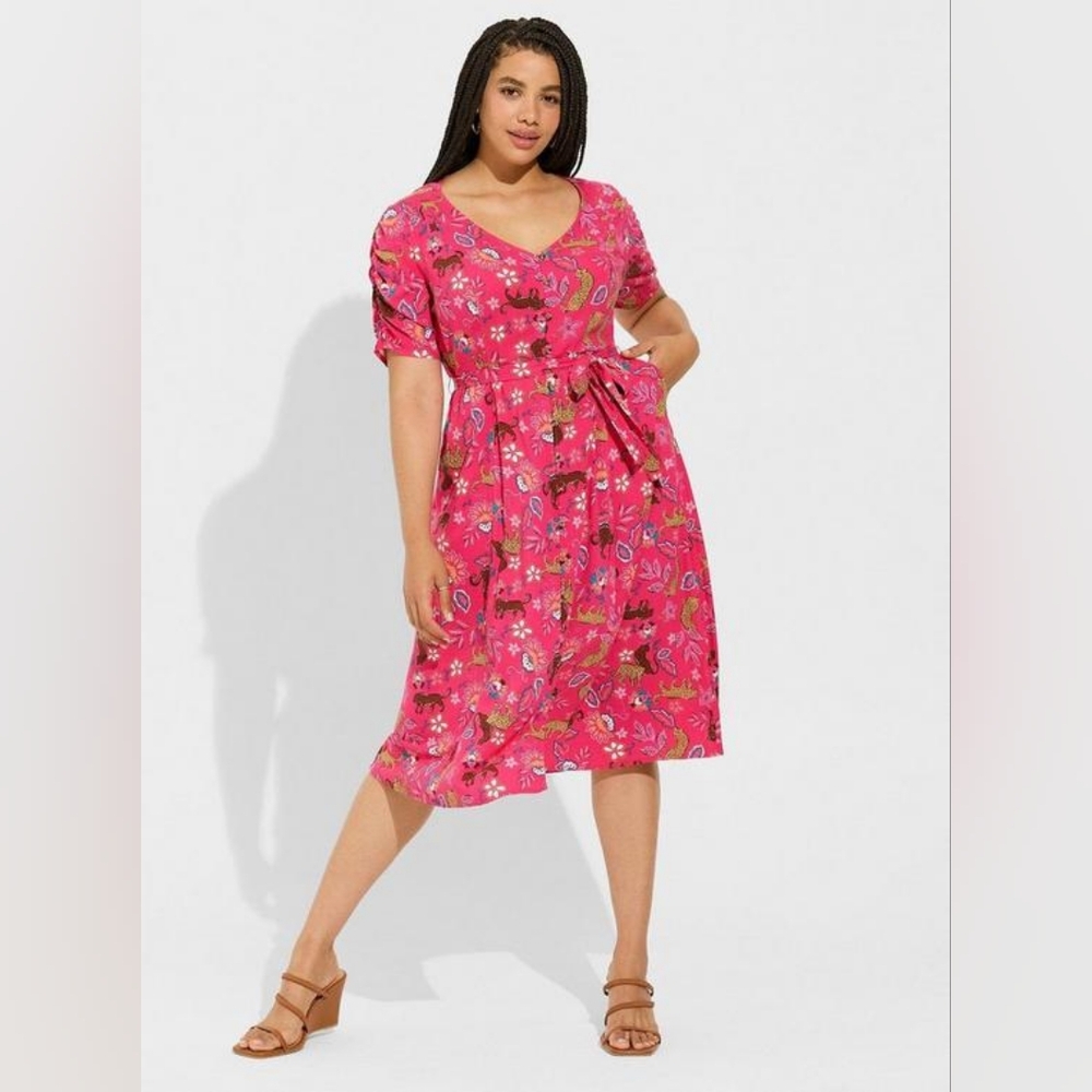 Torrid Midi Rayon Slub Button Front Tie Dress